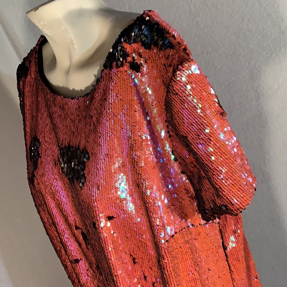 Iridescent Coral Black Midi Dress Mermaid Sequins - Picture 3 of 15